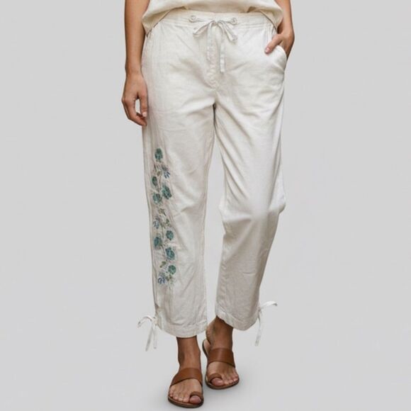 Denim&Co Pants - Denim & Co. White Embroidered Cropped Drawstring Pants Size Small